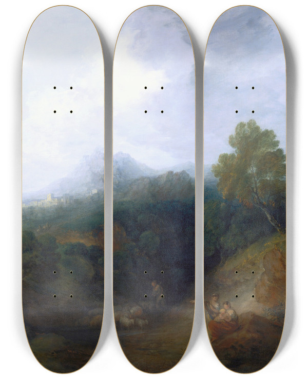 Triptych art skateboard deck of Thomas Gainsborough Landscape With A Flock Of Sheep by Thomas Gainsborough (1727-1788)