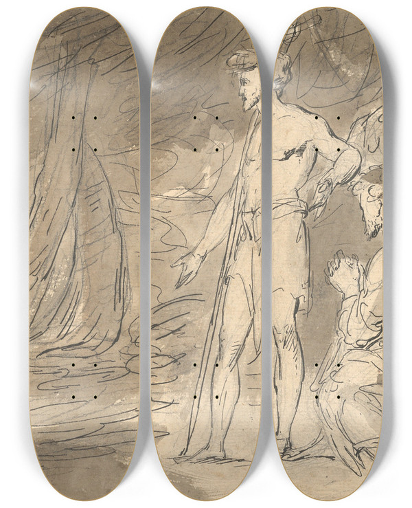 Triptych art skateboard deck of William Hamilton John The Baptist And Two Men With Christ by William Hamilton (1751-1801)