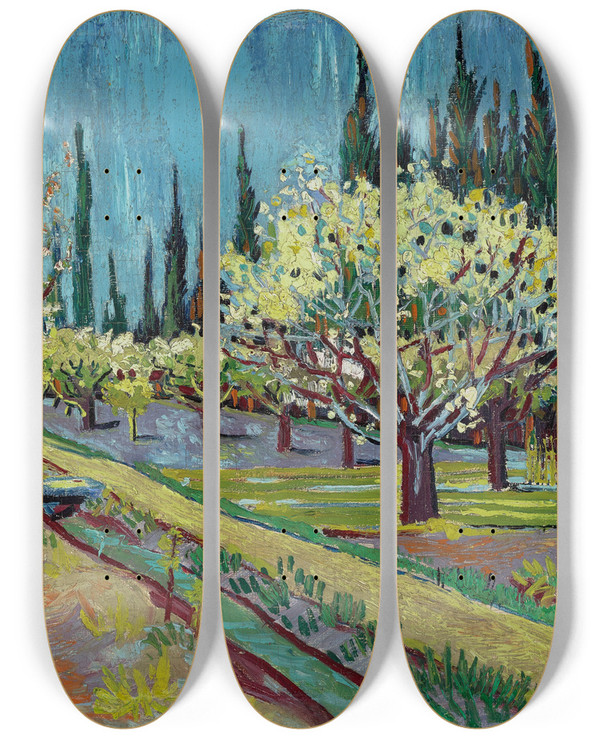 Triptych art skateboard deck of Vincent Van Gogh Orchard Bordered Bycypresses by Vincent van Gogh (1853-1890)