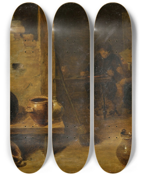 Triptych art skateboard deck of Circle Of David Teniers The Younger Tavern Interior With Peasants Eating In The Background by Circle of David Teniers the Younger (1610-1690)