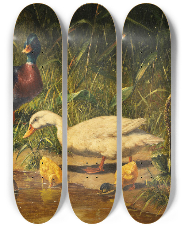 Triptych art skateboard deck of Carl Jutz Enten Mit Jungen Am Wasser by Carl Jutz (1838-1916)