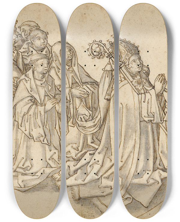 Triptych art skateboard deck of Workshop Of Hans Holbein The Elder Kneeling Bishop And Eight Monks by Workshop of Hans Holbein the elder (1460-1524)
