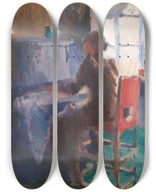 Triptych art skateboard deck of Harriet Backer By The Piano by Harriet Backer (1845-1932)