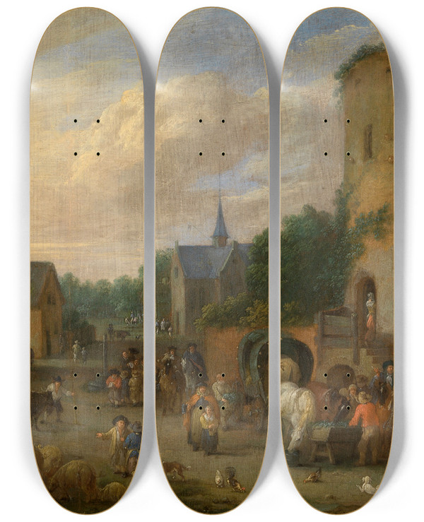 Triptych art skateboard deck of Pieter Bout A Village Scene by Pieter Bout (1658-1719)