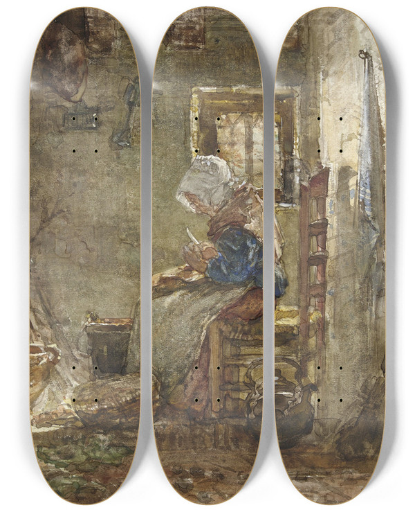 Triptych art skateboard deck of August Alleb Aardappelschilster by August Allebe (1838-1927)