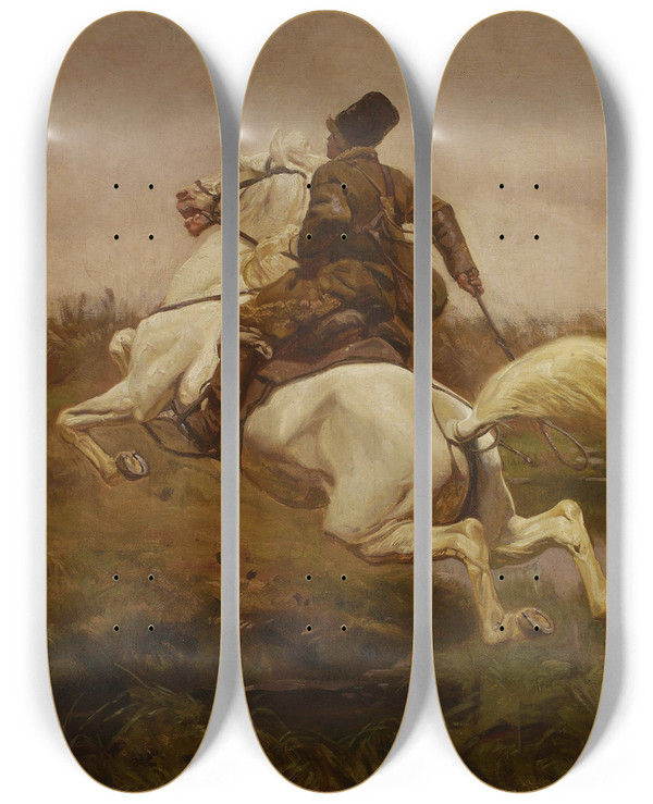 Triptych art skateboard deck of Jozef Chelmonski Whipperin by Jozef Chelmonski (1849-1914)