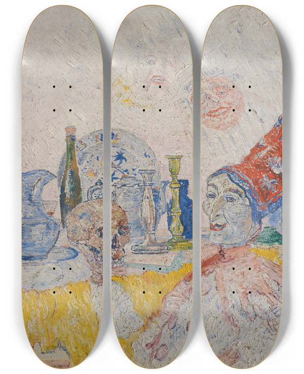 Triptych art skateboard deck of James Ensor Pierrot And Skeleton In A Yellow Robe by James Ensor (1860-1949)