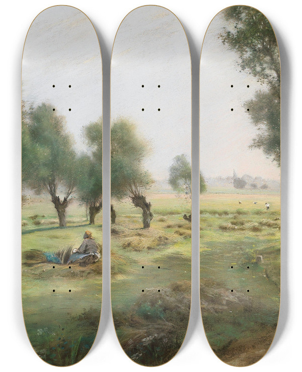 Triptych art skateboard deck of Federico Rossano The Hay Harvest by Federico Rossano (1835-1912)