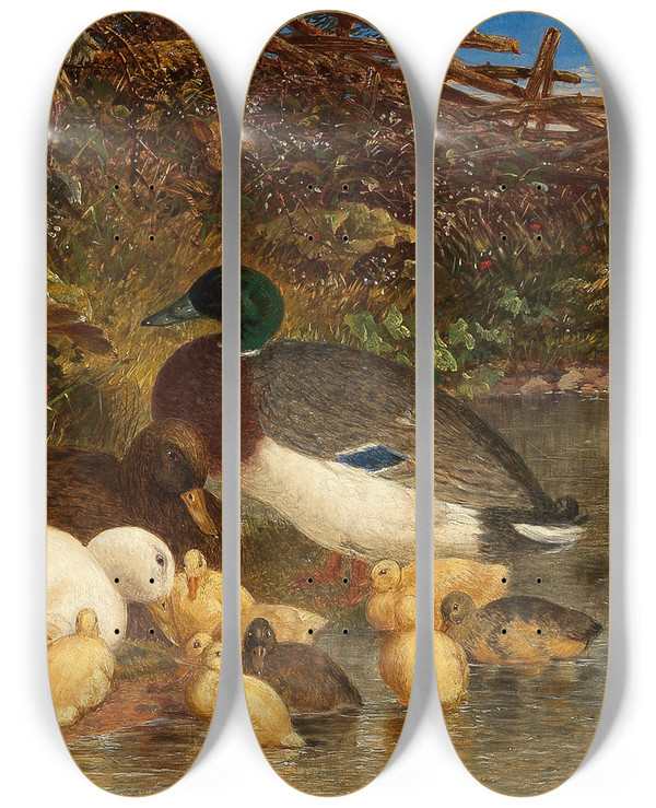 Triptych art skateboard deck of John Frederick Herring Snr Ducks And Ducklings By A Pond by John Frederick Herring Snr (1795-1865)