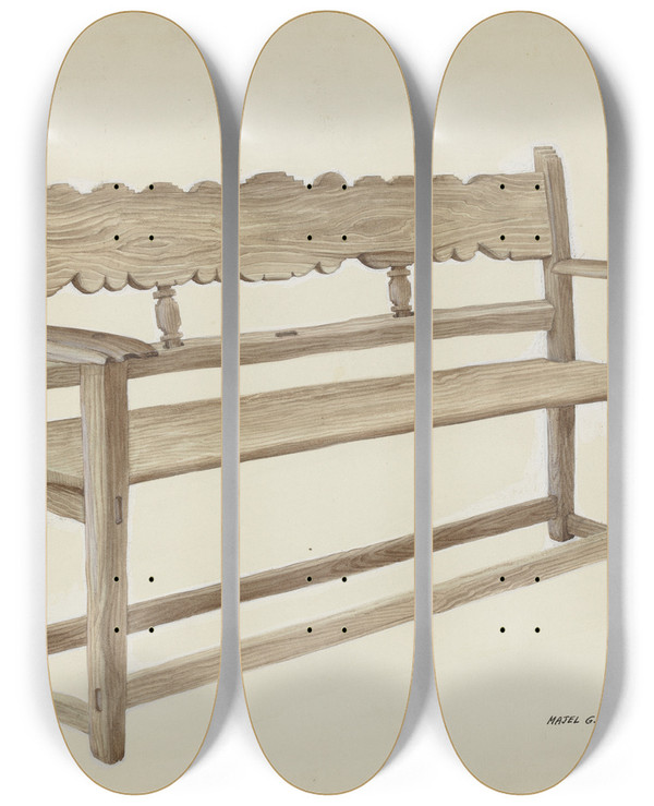 Triptych art skateboard deck of Majel G Claflin Church Bench Wooden by Majel G Claflin (1893-1941)