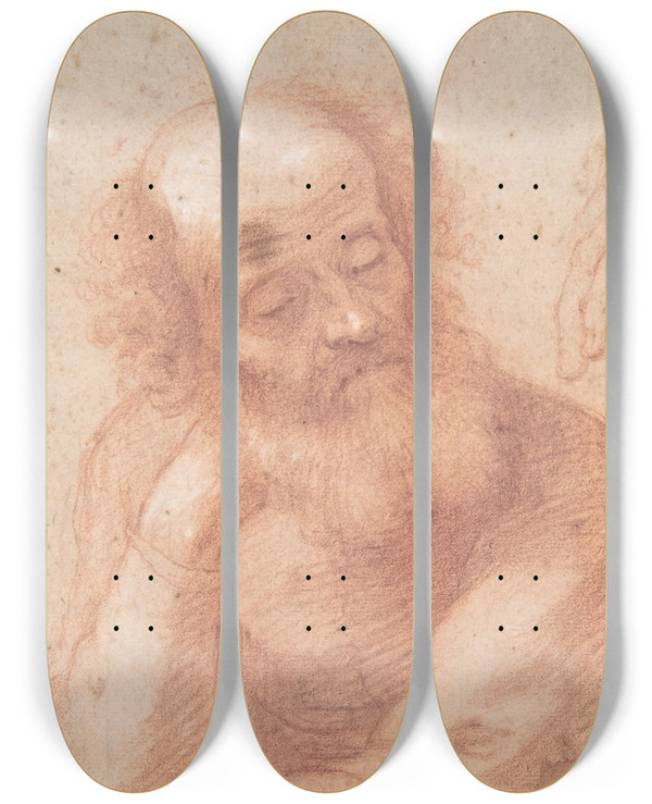 Triptych art skateboard deck of Francesco Furini Studies Of An Old Man And A Hand by Francesco Furini (1603-1646)