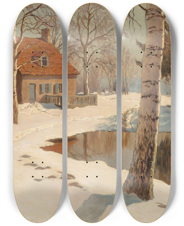 Triptych art skateboard deck of Michel Markinovitch Guermacheff A Cottage In The Snow by Michel Markinovitch Guermacheff (1867-1930)