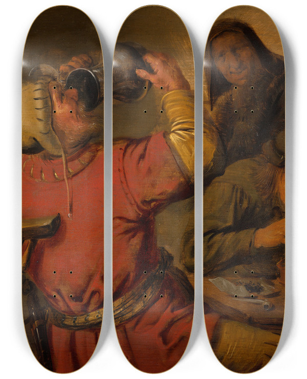 Triptych art skateboard deck of Jan Miense Molenaer The Five Sensestaste by Jan Miense Molenaer (1610-1668)