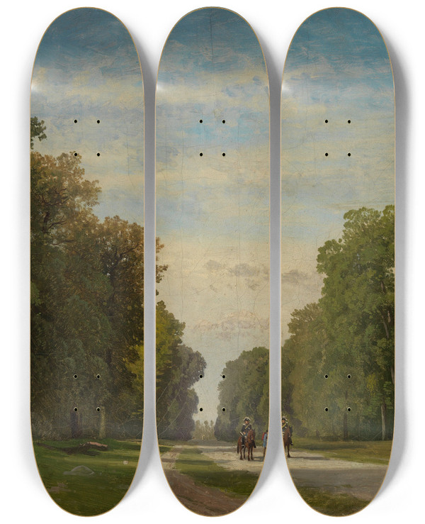 Triptych art skateboard deck of Georg Eduard Otto Saal Allee Bei Fontainebleau by Georg Eduard Otto Saal (1817-1870)