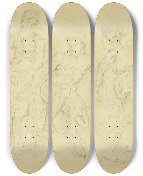 Triptych art skateboard deck of Eugne Delacroix Hercules Between Virtue And Vice by Eugene Delacroix (1798-1863)