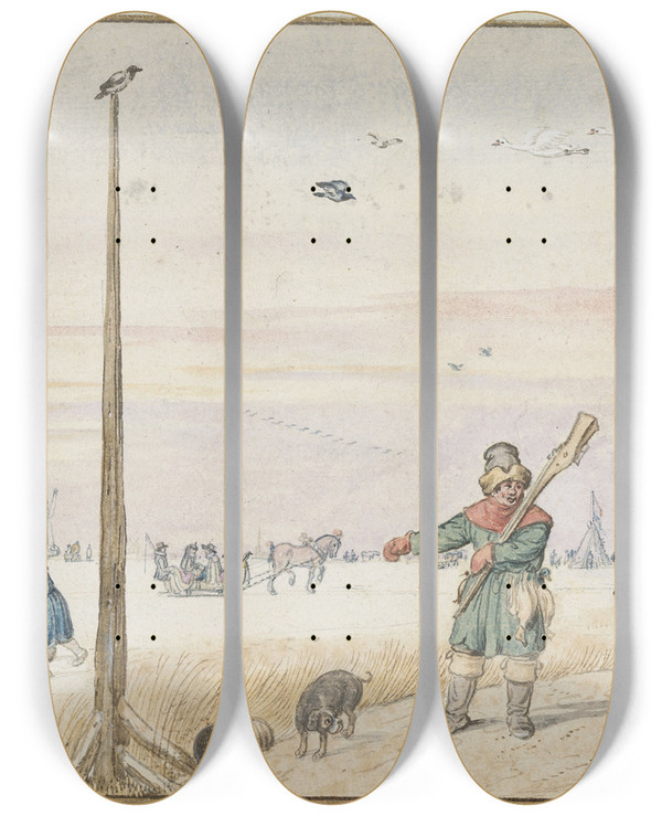 Triptych art skateboard deck of Hendrick Avercamp Winter Landscape With A Duck Hunter With Game In His Belt And His Gun Over His Shoulder On The Bank Of A Frozen River by Hendrick Avercamp (1585-1634)
