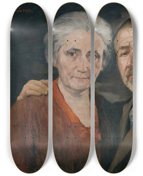 Triptych art skateboard deck of Jozef Hanula The Artist With His Wife by Jozef Hanula (1863-1944)
