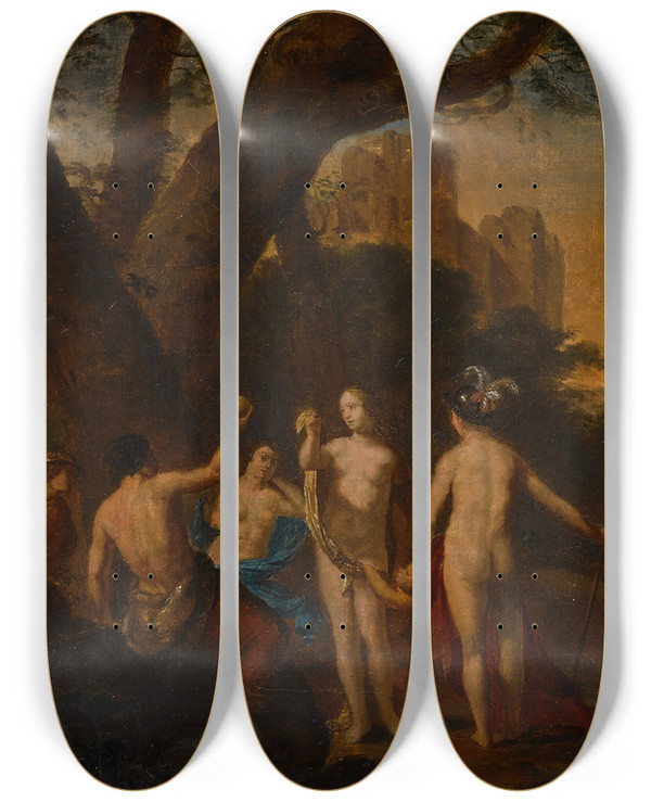 Triptych art skateboard deck of Dirck Van Der Lisse The Judgment Of Paris by Dirck van der Lisse (1607-1669)