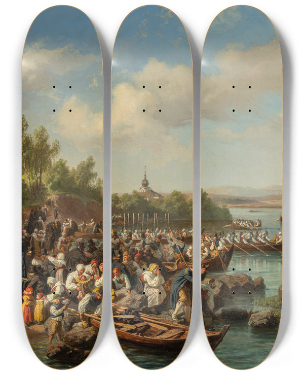 Triptych art skateboard deck of Josef Wilhelm Wallander Church Boats At Leksand by Josef Wilhelm Wallander (1821-1888)