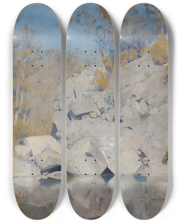 Triptych art skateboard deck of Tom Roberts In A Corner On The Macintyre by Tom Roberts (1856-1931)