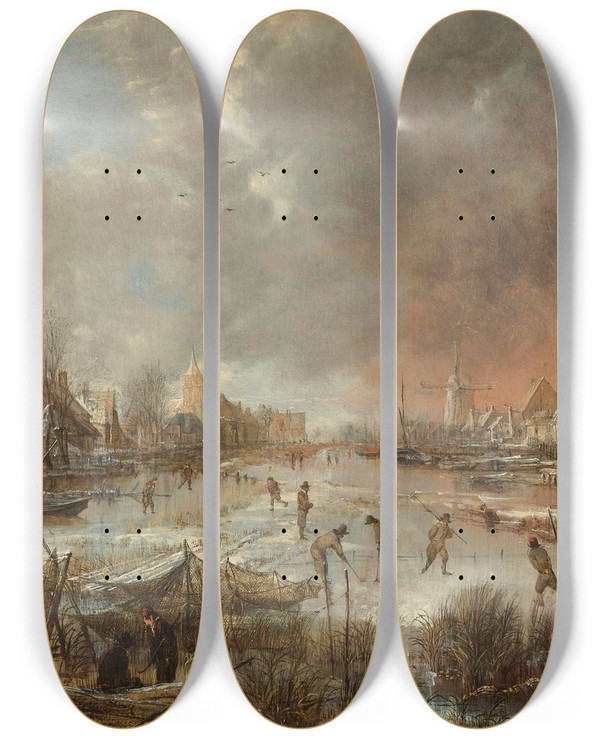 Triptych art skateboard deck of Aert Van Der Neer Winter Landscape With Sportsmen On A Frozen River by Aert van der Neer (1603-1677)