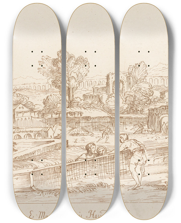 Triptych art skateboard deck of George Knapton Pastoral Scene 2 by George Knapton (1698-1778)