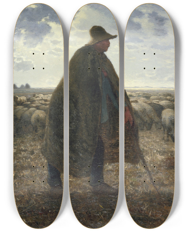 Triptych art skateboard deck of Jeanfranois Millet Shepherd Tending His Flock by Jean-Franois Millet (1814-1875)
