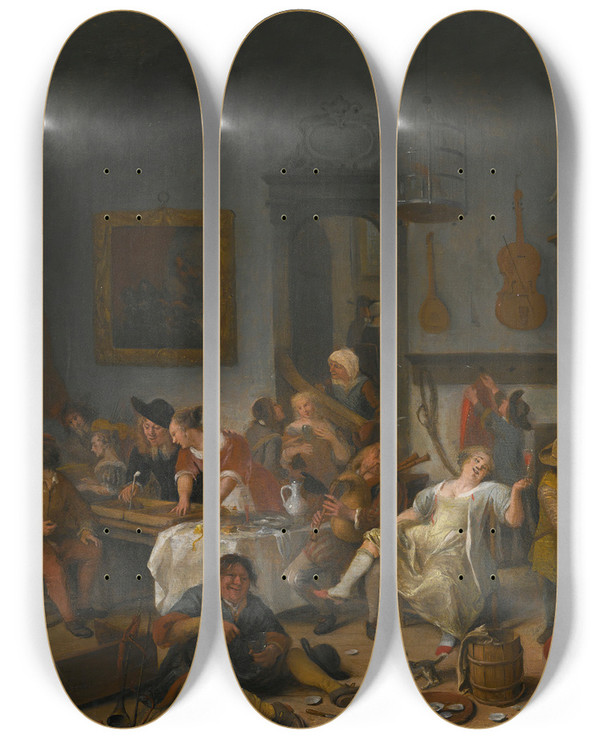 Triptych art skateboard deck of Jan Steen A Tavern Interior With People Drinking And Musicmaking by Jan Steen (1626-1679)