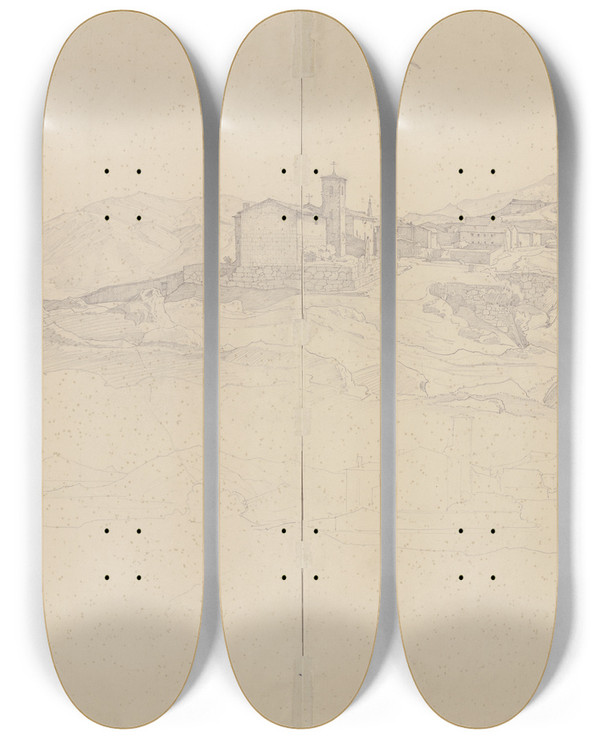 Triptych art skateboard deck of August Lucas View Of Segni by August Lucas (1803-1863)