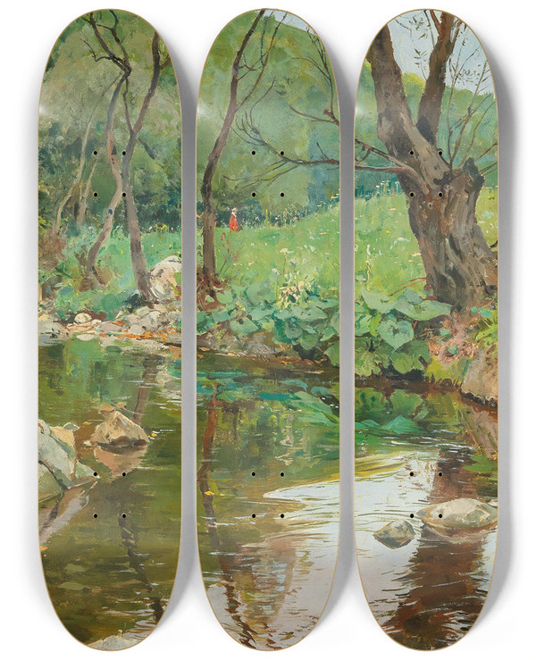 Triptych art skateboard deck of Eduard Zetsche In The Sattelbach Near Heiligenkreuz by Eduard Zetsche (1844-1927)