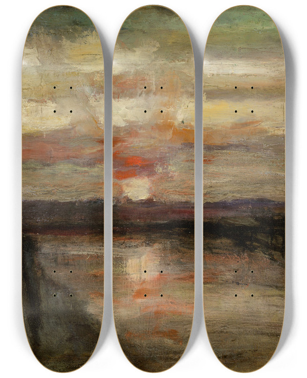 Triptych art skateboard deck of Auguste Oleffe Sunset In Nieuwpoort by Auguste Oleffe (1867-1931)