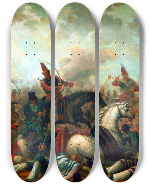 Triptych art skateboard deck of Carlos Morel Combate De Caballera En La Poca De Rosas_1 by Carlos Morel (1813-1894)