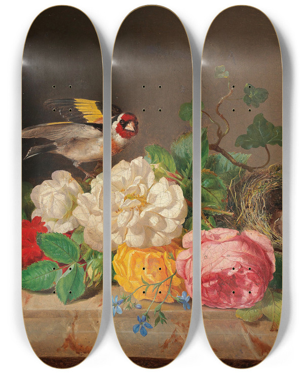Triptych art skateboard deck of Josef Lauer Rosenstck Mit Stieglitz Und Vogelnest by Josef Lauer (1818-1881)