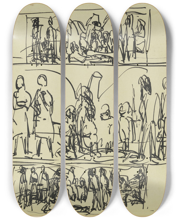 Triptych art skateboard deck of Ernst Ludwig Kirchner Drei Figurenkompositionen by Ernst Ludwig Kirchner (1880-1938)