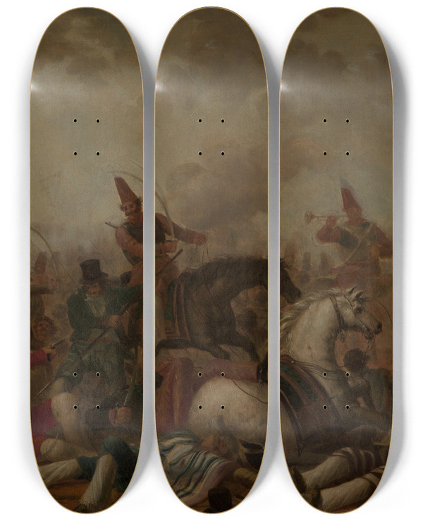 Triptych art skateboard deck of Carlos Morel Combate De Caballera En La Poca De Rosas_2 by Carlos Morel (1813-1894)