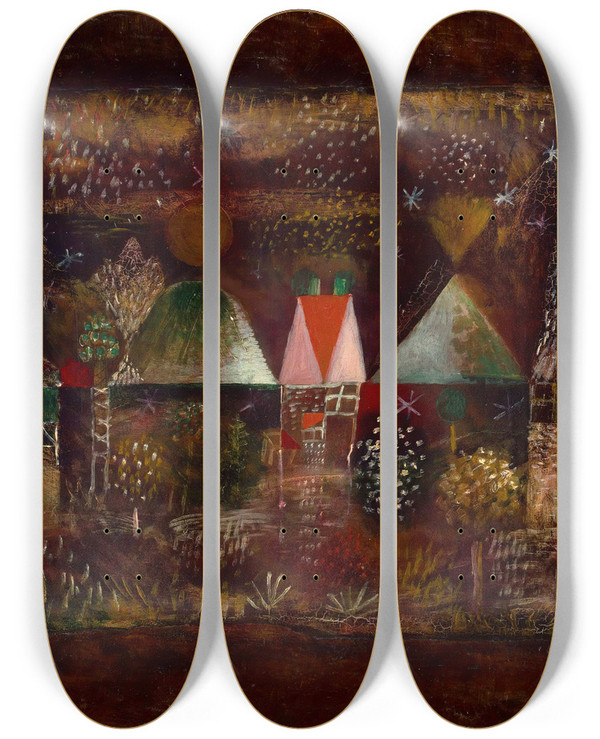 Triptych art skateboard deck of Paul Klee Night Feast by Paul Klee (1879-1940)