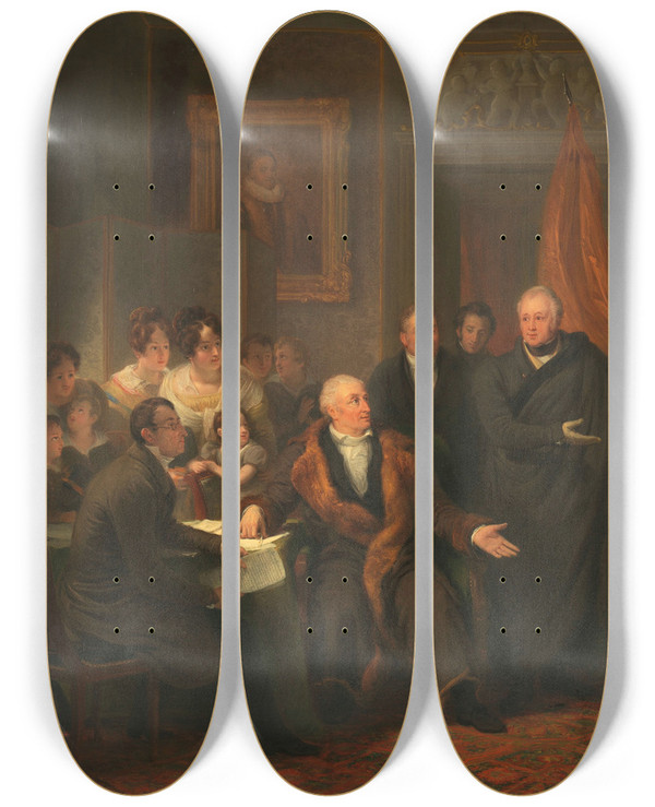 Triptych art skateboard deck of Jan Willem Pieneman Triumvirate Assuming Power In The Name Of The Prince Of Orange 21 November 1813 by Jan Willem Pieneman (1779-1853)
