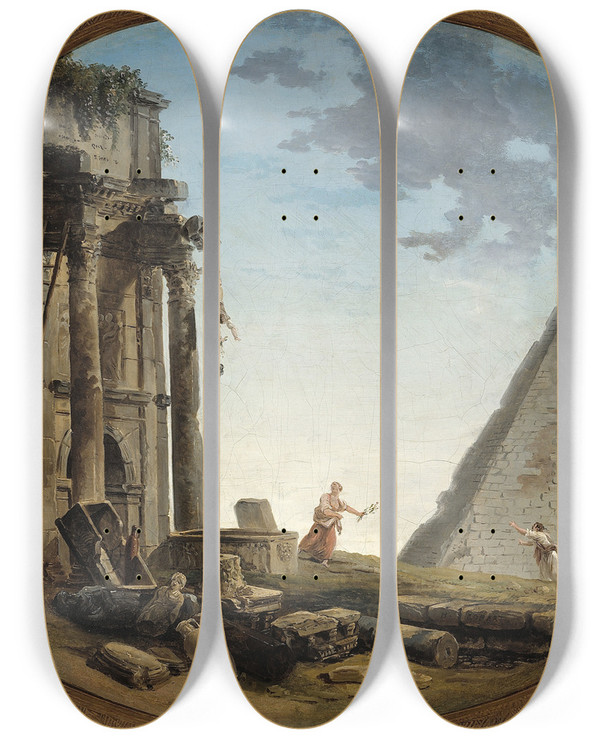 Triptych art skateboard deck of Hubert Robert Laccident by Hubert Robert (1733-1808)