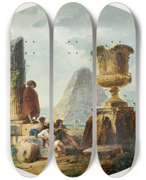 Triptych art skateboard deck of Hubert Robert Landscape With Soldiers And A Pyramid by Hubert Robert (1733-1808)