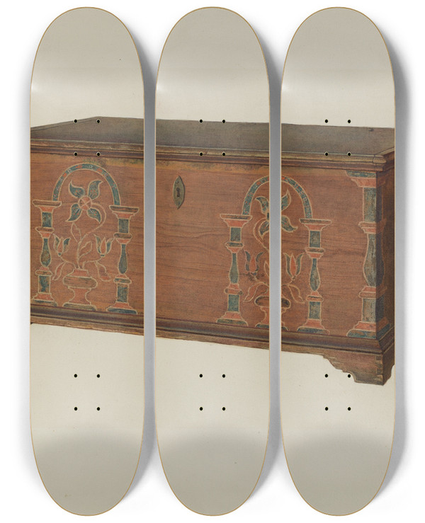 Triptych art skateboard deck of Frances Lichten Pa German Dower Chest by Frances Lichten (1889-1961)