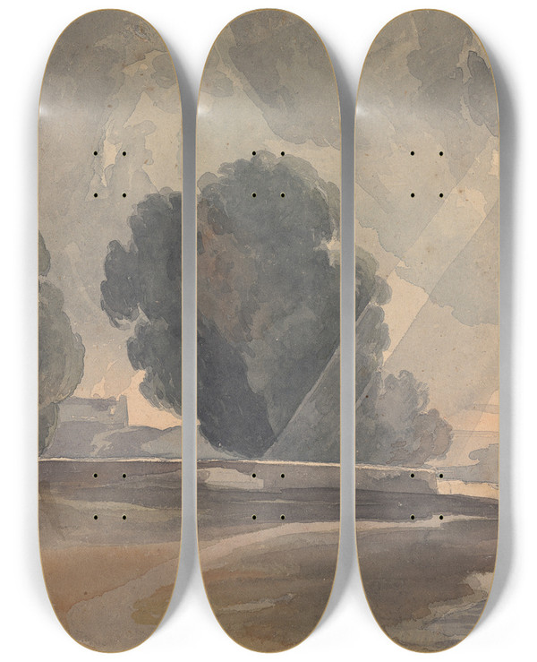 Triptych art skateboard deck of Thomas Sully Landscape With Trees And Lake by Thomas Sully (1783-1872)