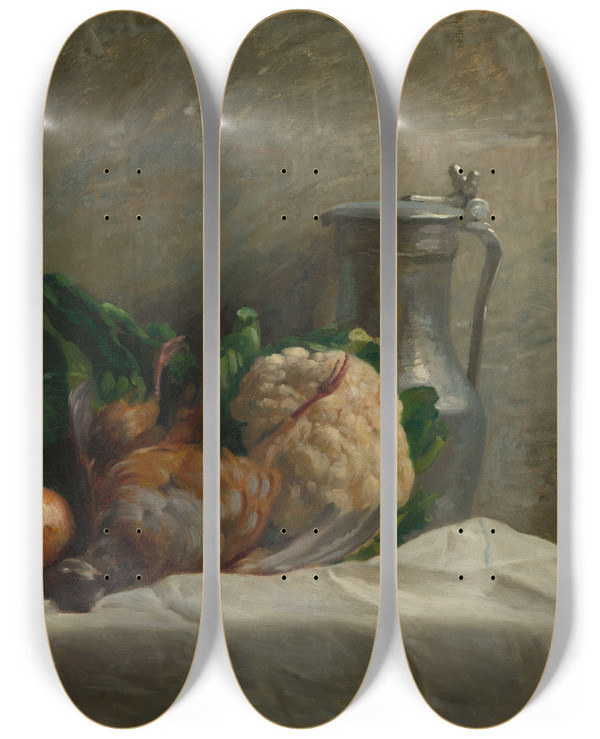 Triptych art skateboard deck of Adolpheflix Cals Still Life With Vegetables Partridge And A Jug by Adolphe-Flix Cals (1810-1880)