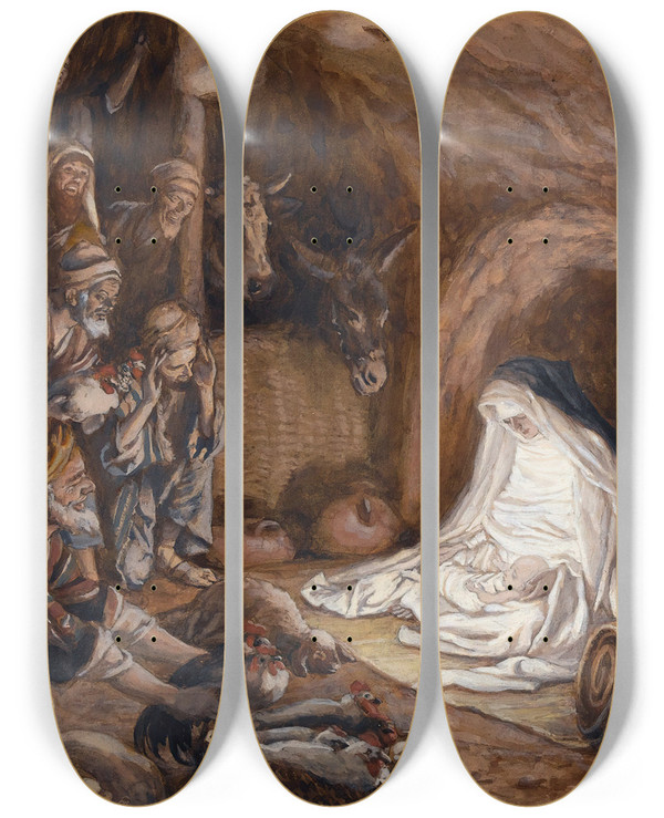 Triptych art skateboard deck of James Tissot The Adoration Of The Shepherds by James Tissot (1836-1902)
