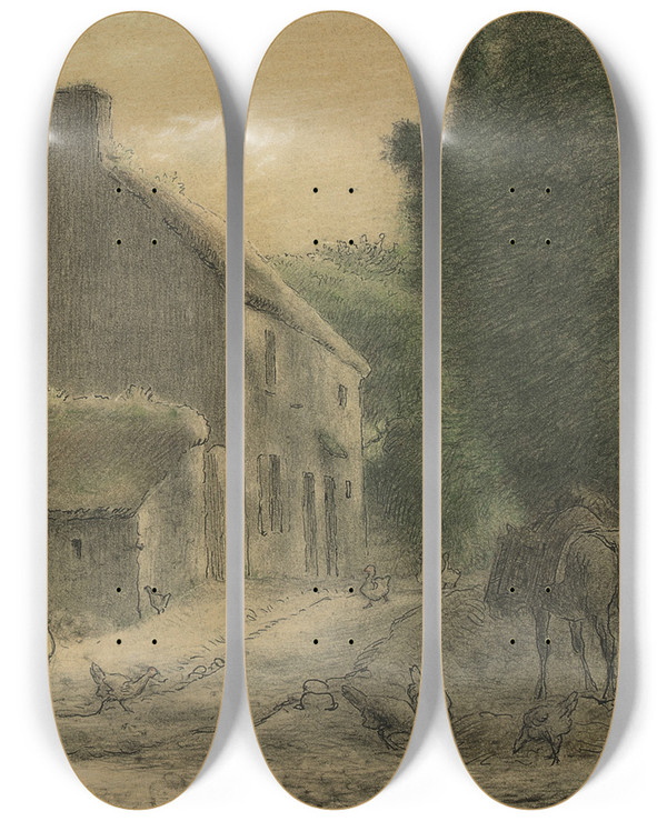 Triptych art skateboard deck of Jeanfranois Millet Farm House At Gruchy by Jean-Franois Millet (1814-1875)