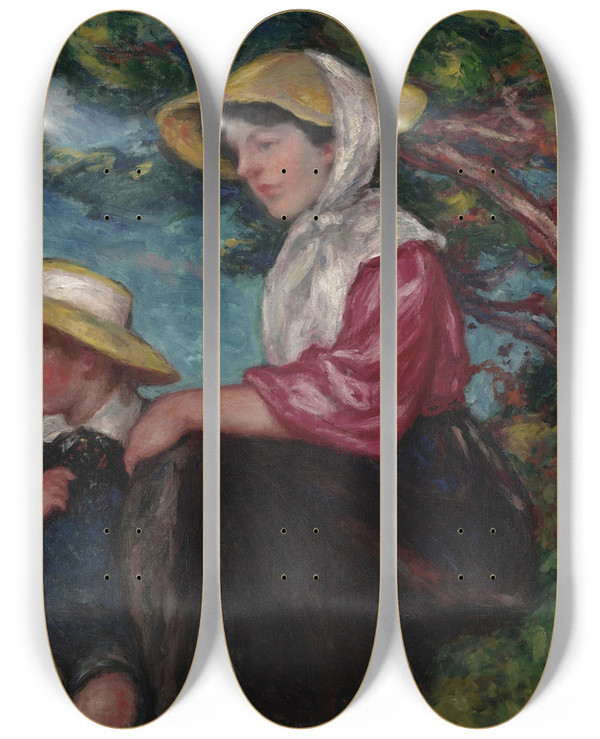 Triptych art skateboard deck of Georges Despagnat Femme Et Jeune Garon Assis Au Bord De La Mer by Georges d'Espagnat (1870-1950)