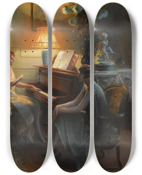 Triptych art skateboard deck of Delphin Enjolras La Lecon De Chant by Delphin Enjolras (1857-1945)