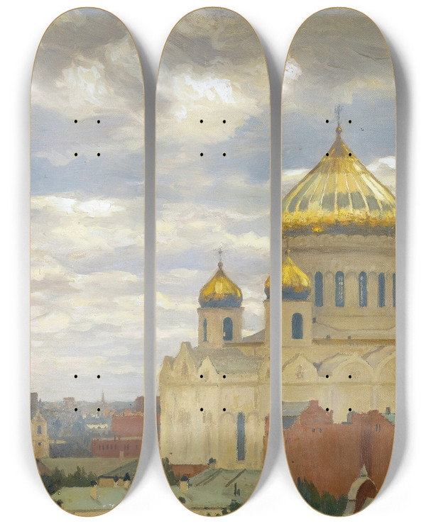 Triptych art skateboard deck of Mikhail Markianovich Germachev View Of Cathedral Of Christ The Saviour Moscow by Mikhail Markianovich Germachev (1868-1930)