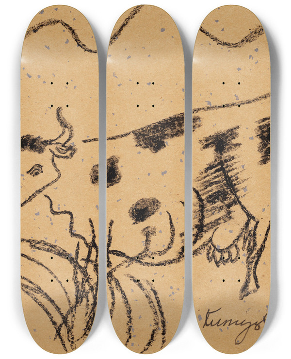 Triptych art skateboard deck of Yasuo Kuniyoshi Cave Drawing by Yasuo Kuniyoshi (1889-1953)
