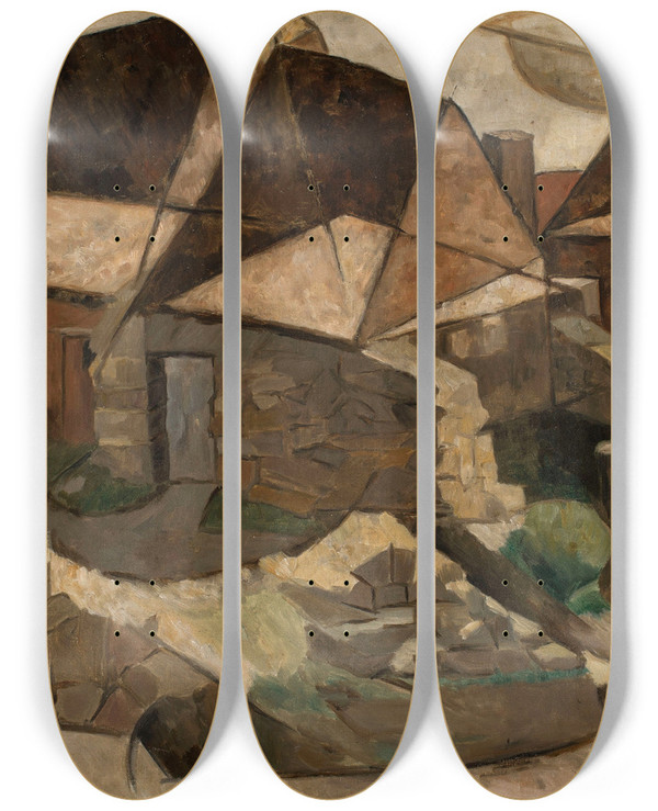 Triptych art skateboard deck of Tadeusz Makowski Landscape With Houses by Tadeusz Makowski (1882-1932)