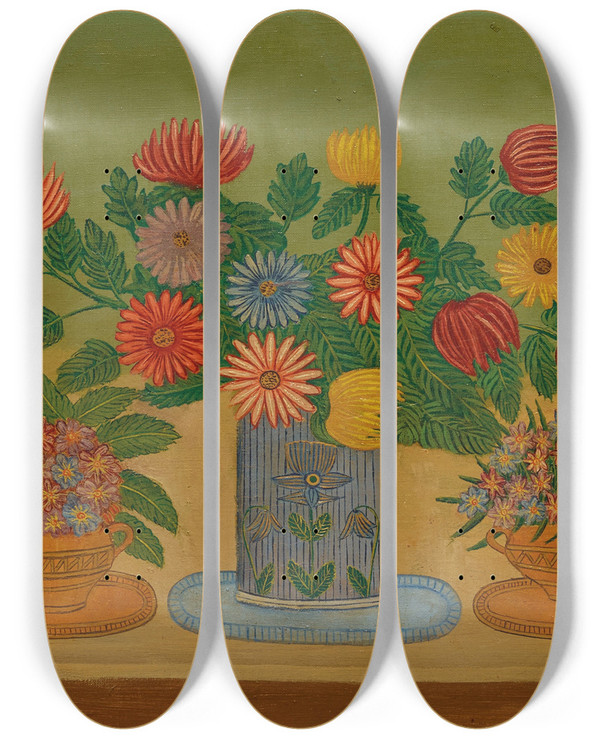 Triptych art skateboard deck of Louis Vivin Bouquet De Fleurs Avec Papillons by Louis Vivin (1861-1936)